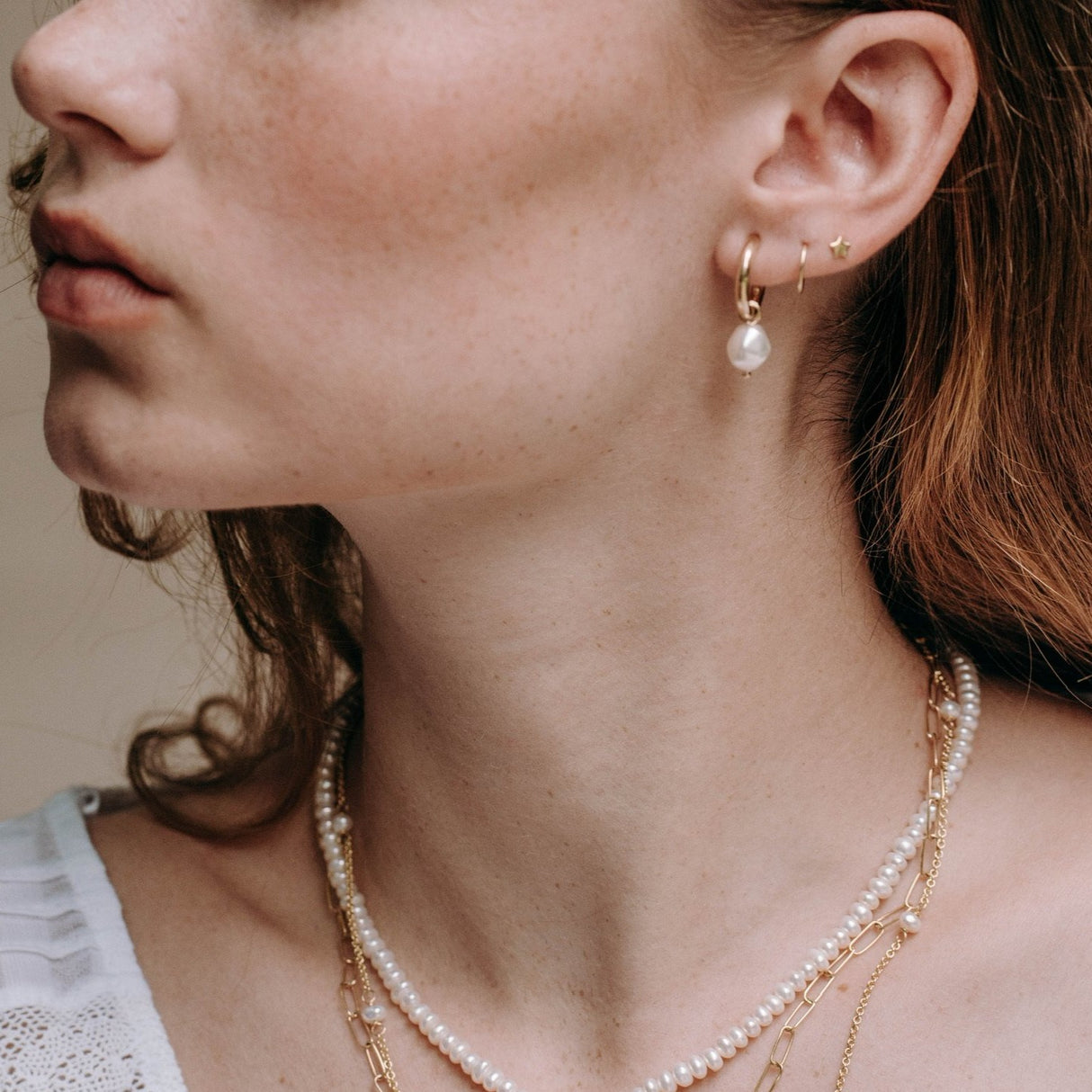Pearl Hoops Small Gold