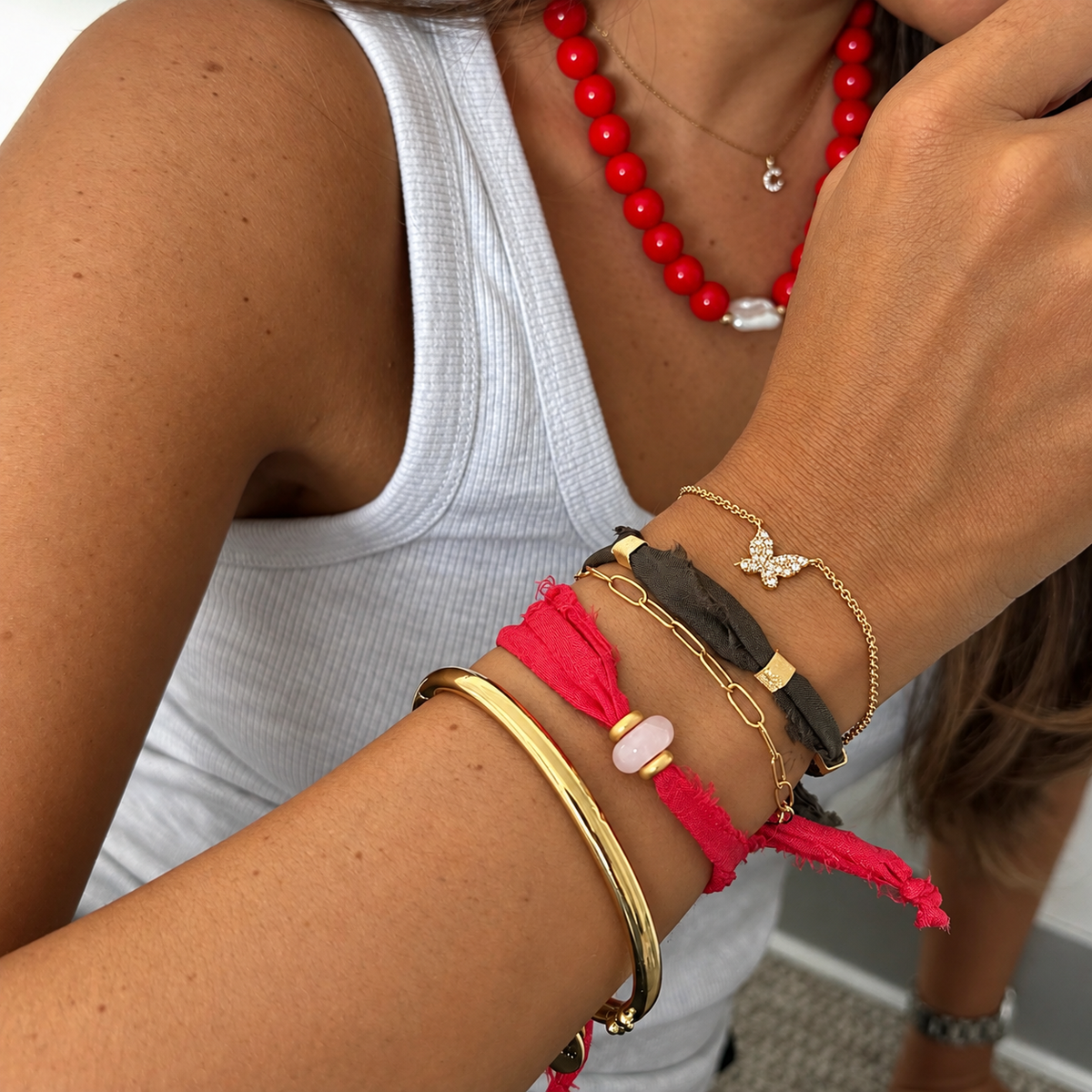 PULSERA SILK THE SCARLET - CUARZO ROSA GOLD